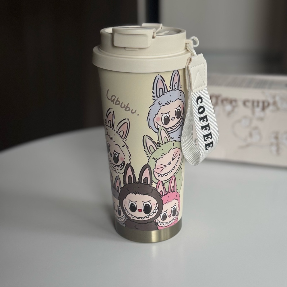 Coffee Travel Mug Cup- Cream Labubu Macaron print with charm